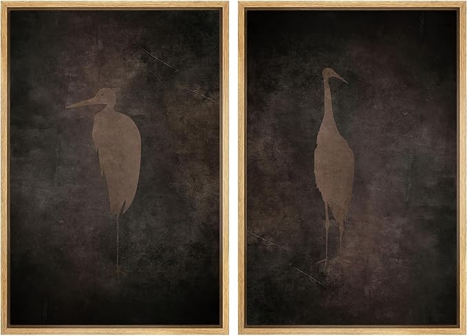 SIGNFORD Framed Canvas Print Wall Art Set Abstract Crane Silhouettes Vintage Dark Tones Illustration Modern Art Decorative Nordic Nature for Living Room, Bedroom, Office - 16"x24"x2 Natural