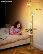Lightdot Glass Floor Lamp with Shelf, 63IN Dimmable Mid Century Modern Gold Standing Lamps with 3 3000K Soft Warm White Bulbs Included, Globe Floor Lamp for Living Room/Wedding/Office