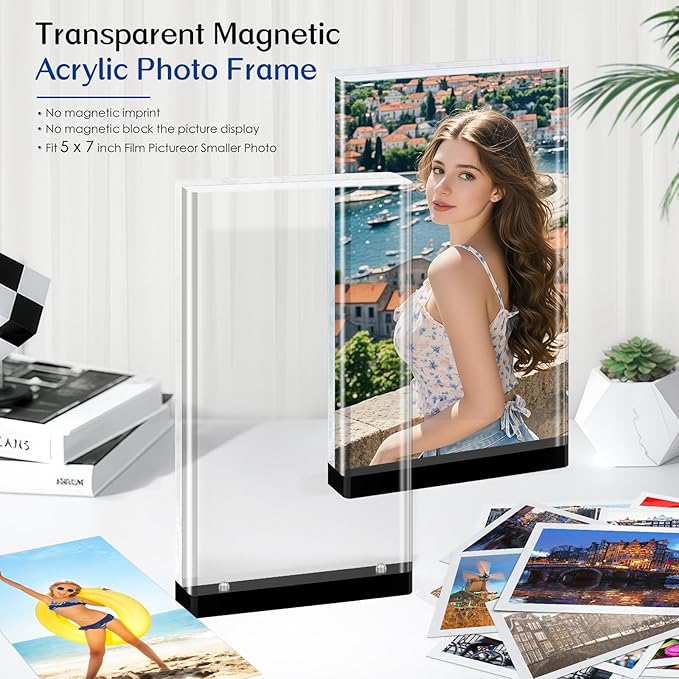 magnetic photo frames 3-Pack–10+10mm Thick Block /With Magnetic Base | Clear Stereoscopic 5x7 Desktop glass picture frame | Aesthetic Home Decor for Offices, Gifts & Memory Showcase (5×7 vertical)