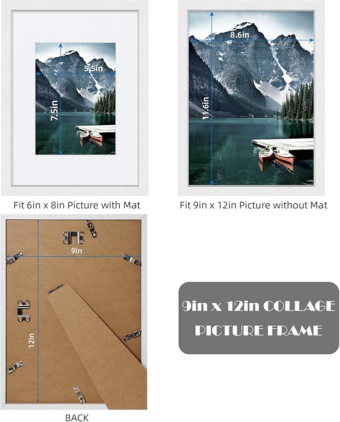 9x12 White Picture Frames set of 3, Made of Wooden and Glass Photo frame - Displays Picture 6x8 with Mat or 9 x 12 without Mat, Desktop & Wall Collage Frame set
