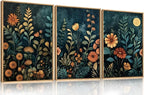 Celestdeco Vintage Dark Botanical Framed Canvas Wall Art Set, Colorful Floral Wall Decor, Nature Wildflower Wall Painting, Colorful Blossom Art Prints for Living Room, Bedroom, Office - 24"X36"X3