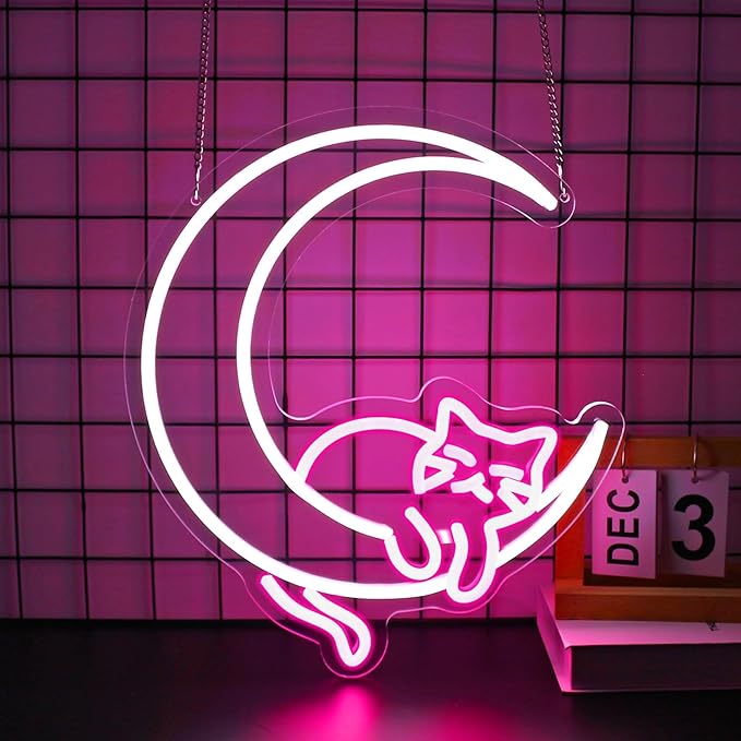 Moon Cat Neon Sign, Neon Signs for Wall Decor LED Light Up Signs Home Decor for Bedroom Club Party Bar Shop USB Operated