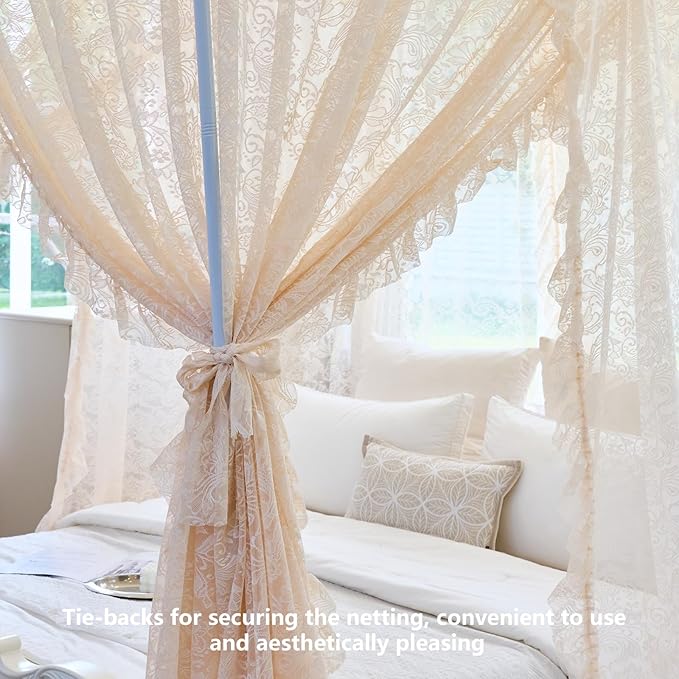 AIKASY Elegant Lace Princess 4-Poster Bed Canopy Mosquito Net - Romantic Wedding Bridal Bedroom Decor, Kids Room Bed Curtain for Women Adults - (Cream-1,Queen)