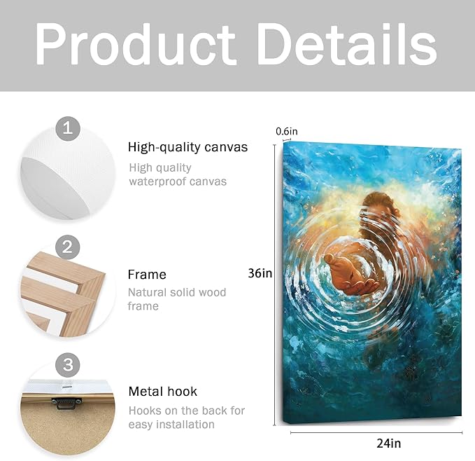 Framed Jesus Christ Canvas Wall Art The Hand of God Jesus Reaching Into Water Christian Painting Prints Biblical Wall Decor Religious Room Decor for Church Prayer Room Schools Hospitals 24" x 36"