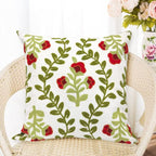 Alysheer Floral Embroidered Summer Decorative Throw Pillow Cover 18"x 18", Farmhouse Cottage Red Flowers Green Leaves Knit Pattern Cotton Canvas Cushion Case for Sofa Couch Bed Living Room Decor