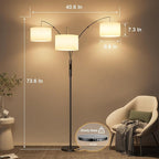 36W LED Arc Floor Lamp with 3 White Fabric Shades, 3000LM Super Bright Standing Lamp with Remote Control & Touch, Stepless Dimming, Individual Light Control for Living Room, Bedroom