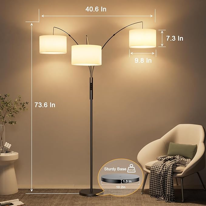 36W LED Arc Floor Lamp with 3 White Fabric Shades, 3000LM Super Bright Standing Lamp with Remote Control & Touch, Stepless Dimming, Individual Light Control for Living Room, Bedroom