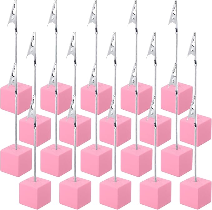 20 Pcs Cube Base Memo Clip Holder with Alligator Clip Wood Table Number Holder Cube Base Place Card Stand Mini Photo Menu Stand for Displaying Number Card(Pink)