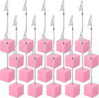 20 Pcs Cube Base Memo Clip Holder with Alligator Clip Wood Table Number Holder Cube Base Place Card Stand Mini Photo Menu Stand for Displaying Number Card(Pink)