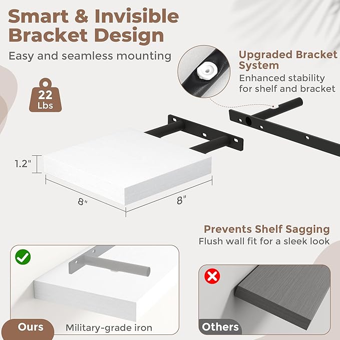8 Inch Square Floating Shelves for Wall 3 Pack, 8"D Wood Grain Bathroom Shelves with Invisible Brackets, Easy Install Engineered Wood Storage Shelves for Kitchen, Living Room, Bedroom, White Finish