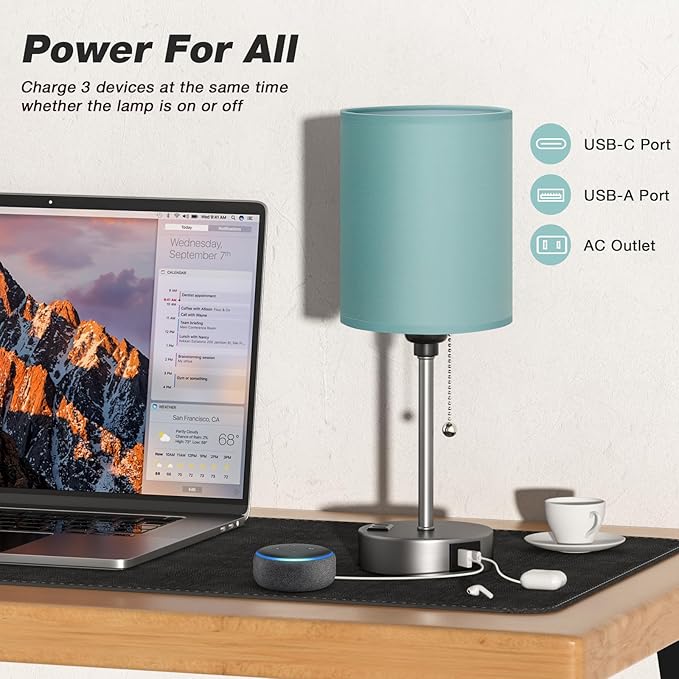 Teal Bedside Lamp for Nightstand - 3 Color Temperature Table Lamp with USB C and A Ports, Pull Chain Lamp for Bedroom with AC Outlet, Coastal Desk Lamp with Silver Metal Base for Kids Girls