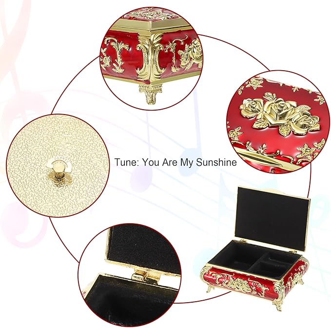 ELLDOO Vintage Music Box, Gold Metal Musical Jewelry Box Keepsake Box, Small Trinket Jewelry Storage Box Gift for Girl Women (Tune: You are My Sunshine), Red