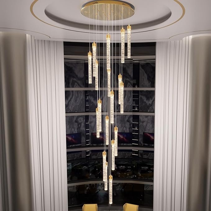 12-Light Staircase Long Pendant Light Fixture Large Chandeliers for High Ceiling Light LED Bulbs for Living Room Foyer Hallway Gold Crystal Pendant Light for Kitchen Island