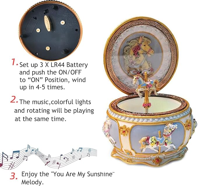 You are My Sunshine Music Box Carousel Horses Unicorn Musical Box with Sankyo 18-Note Wind Up for Kids Girls Christmas Birthday Gifts
