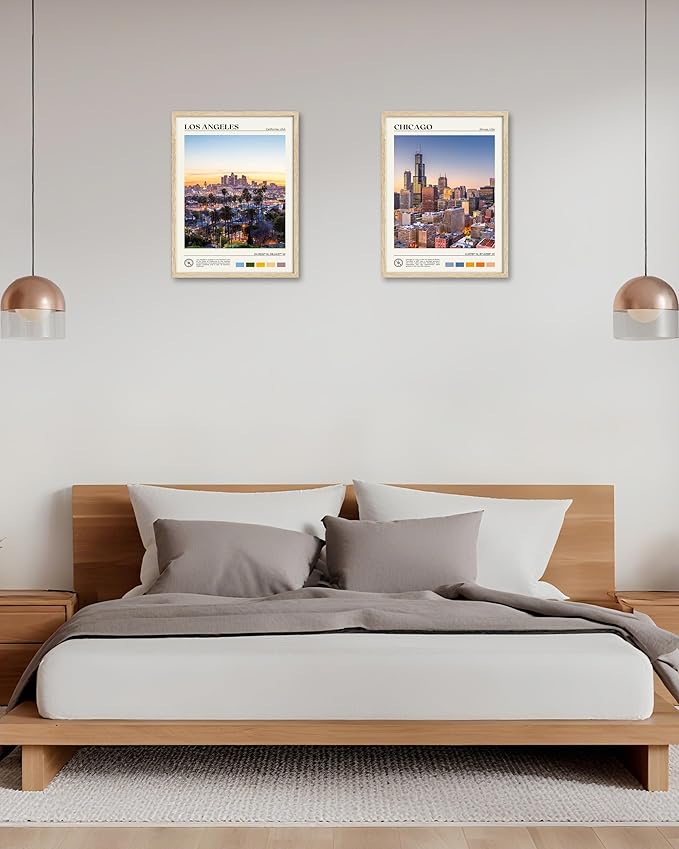 HesenDot Natural OAK Wood Los Angeles Cityscape Framed Wall Art,12x16in City Skyline Canvas Wall Print,Modern Urban Landmark Wall Decor for Living Room,Bedroom,Office Gallery Gifts Set of 1