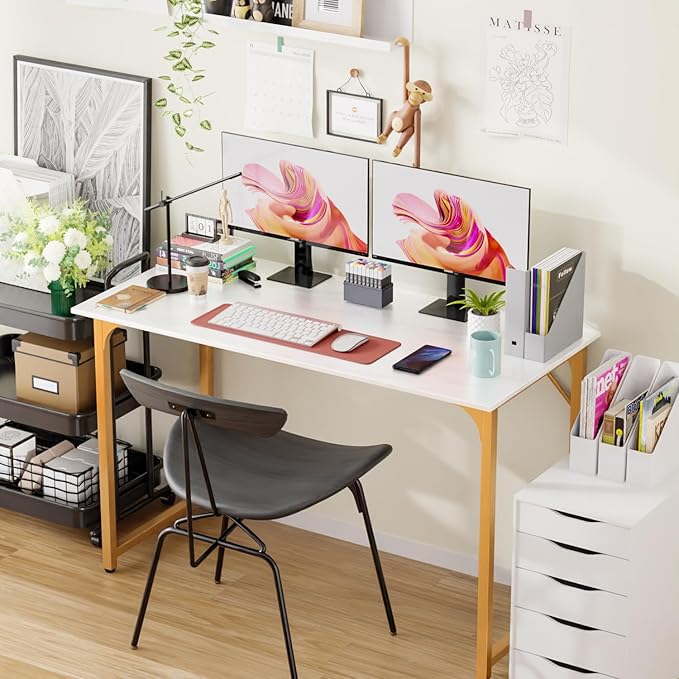 PayLessHere | 47 Inch Computer Desk | White Gold | Office Desk with Metal Frame, Adjustable Feet | Water-Resistant, Scratchproof Surface | Sturdy Writing Table for Home Office or Study | Pack of 1