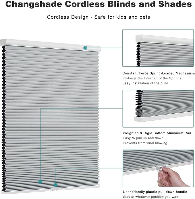 Changshade Cordless Cellular Shades, Blackout Honeycomb Shades for Windows, Pull Down Pleated Blinds, Easy to Install for Indoor Windows and French Doors,22" W x 50" H, Grey