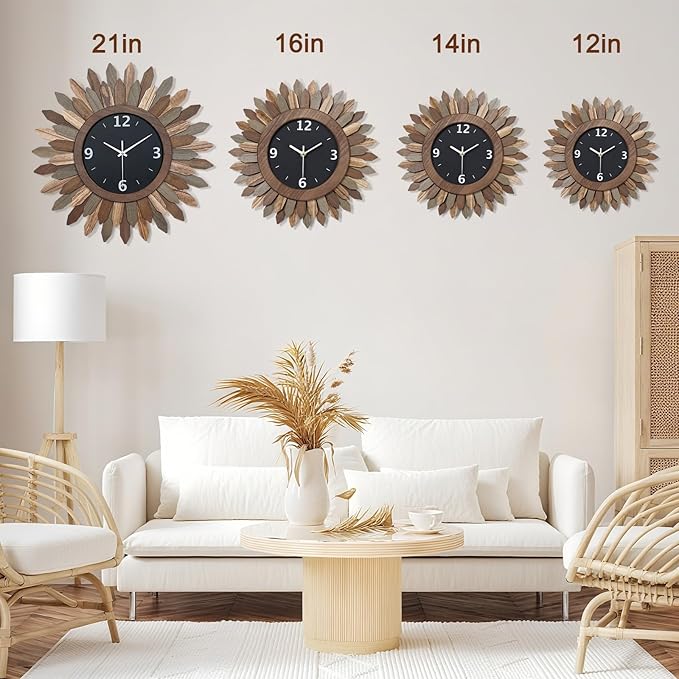 Honiway 14 Inch Wall Clock, Rustic Wood Boho Sunburst Decorative Wall Clocks Battery Operated Silent Non Ticking Farmhouse Small Wall Clocks for Living Room Kitchen Bedroom Home Decor (Tricolor)