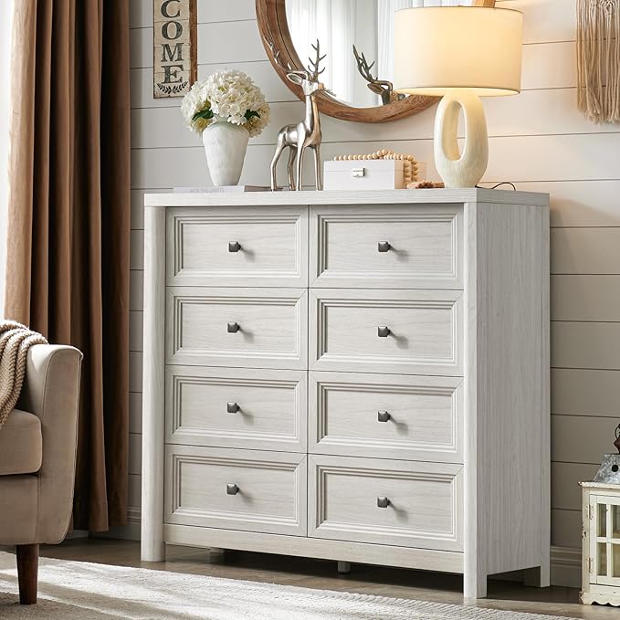 41" Tall White Dresser, Farmhouse 8 Drawers Dressers for Bedroom, Vertical Chest of Drawers for Bedroom Nursery with Metal Handle, Modern Rustic Wood Dresser for Closet, Living Room