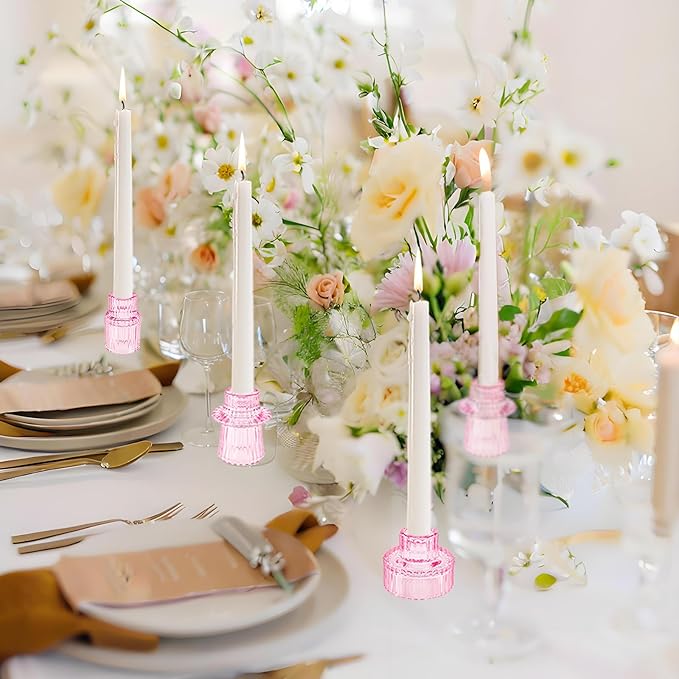 Double Sided Vintage Ribbed Taper Glass Candle Holders,Tea Candle Holder for Table Centerpieces, Wedding Decorations and Dinner Parties (Pink, 3 PCS)