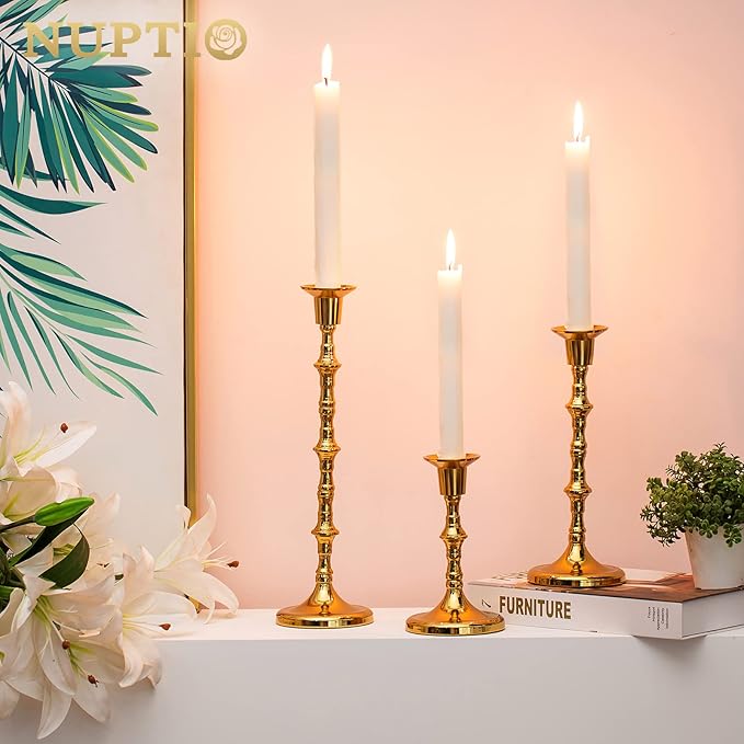 Nuptio Gold Candle Holders for Candlestick: Set of 6 Tall Taper Candle Stick Holders for Fall Thanksgiving Christmas Living Room Fireplace Dinner Table Cafe Table Decor