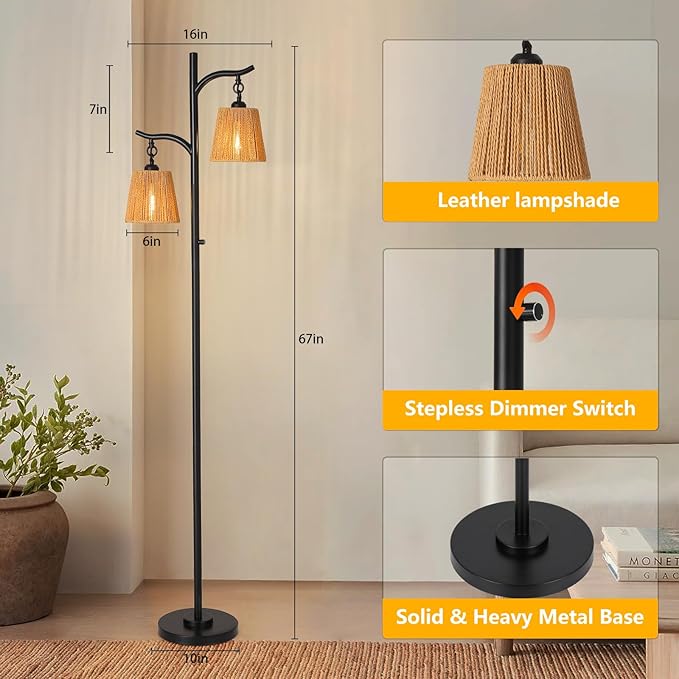 9MMML Rattan Floor Lamp for Living Room, Boho Floor Lamp with 2 Hanging Wicker Lamp Shade, 67'' Farmhouse Dimmable Black Standing Lamp with Rotary Switch for Bedroom, 2 x 800LM LED Bulbs Included