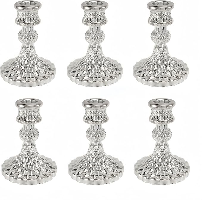 Glass Candlestick Holder,Striped Taper Candle Holders,Set of 6 Candle Stand for Table Centerpieces, Home Decor,Weddings,Festival and Parties (Silver Diamond)
