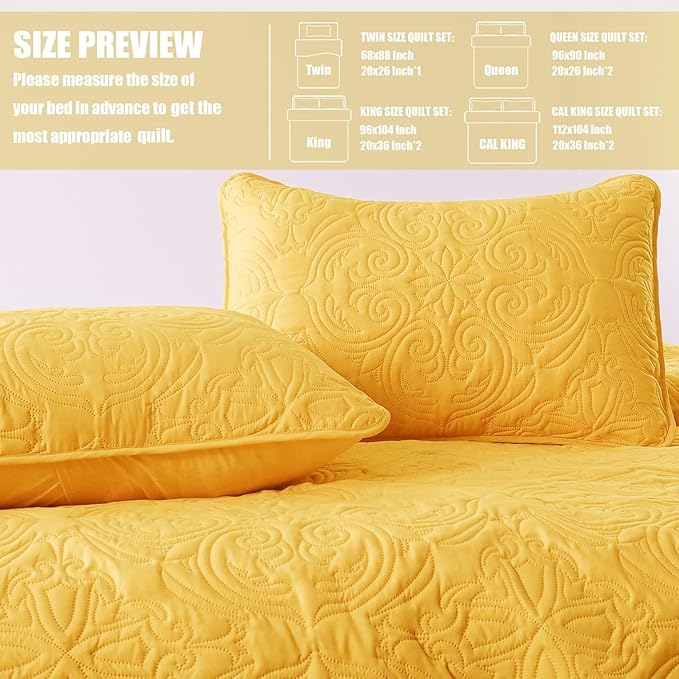 Exclusivo Mezcla Twin Quilt Bedding Set with 1 Pillow Sham, Lightweight Yellow Twin Size Quilt Bedspread with Vintage Damask Pattern, Soft Bedspreads Coverlets for All Seasons