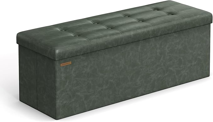 SONGMICS Mazie Collection - 43 Inches Folding Storage Ottoman Bench, Ottoman with Storage, Foot Rest Stool, Load 660 lb, for Living Room, Synthetic Leather, Forest Green ULSF070C01