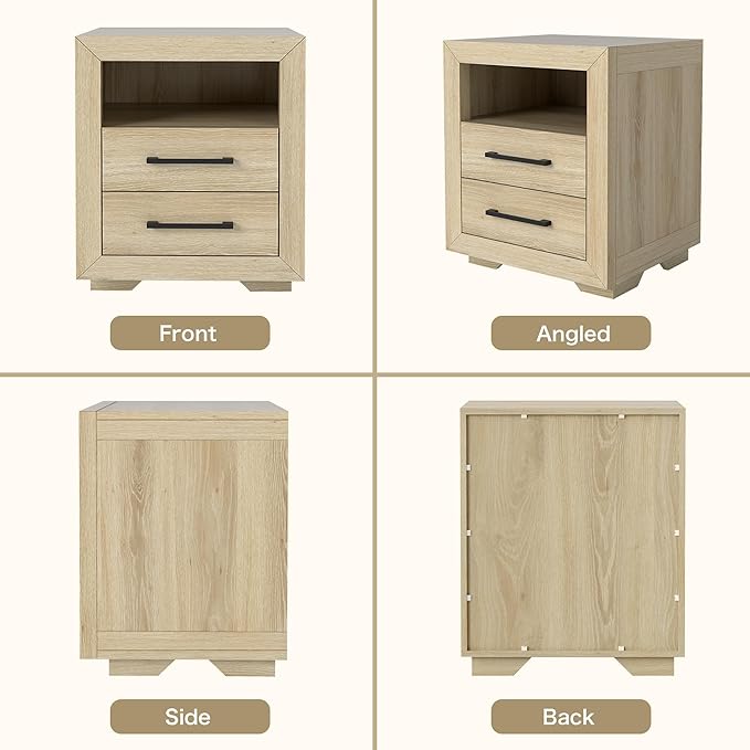 Hazel 2 Drawers End Table, 21" Side Table with Open Storage Shelf, Solid Modern Rustic Nightstand for Bedroom, Living Room or Home Offices