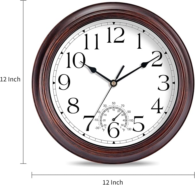 12 Inch Outdoor Wall Clock with Thermometers, Vintage Silent Wall Clocks Battery Operated, Retro Non-Ticking Clock Decorative for Living Room, Patio, Kitchen, Office, Bathroom, Bedroom(Bronze)