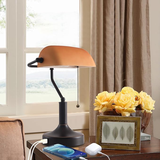 Vintage Bankers Desk Lamp with Pull Chain Switch, Traditional Desk Lamp with USB A and Type C Charging Port, Oil Rubbed Bronze Table Lamp with Amber Glass Shade for Office, Library, Study Room