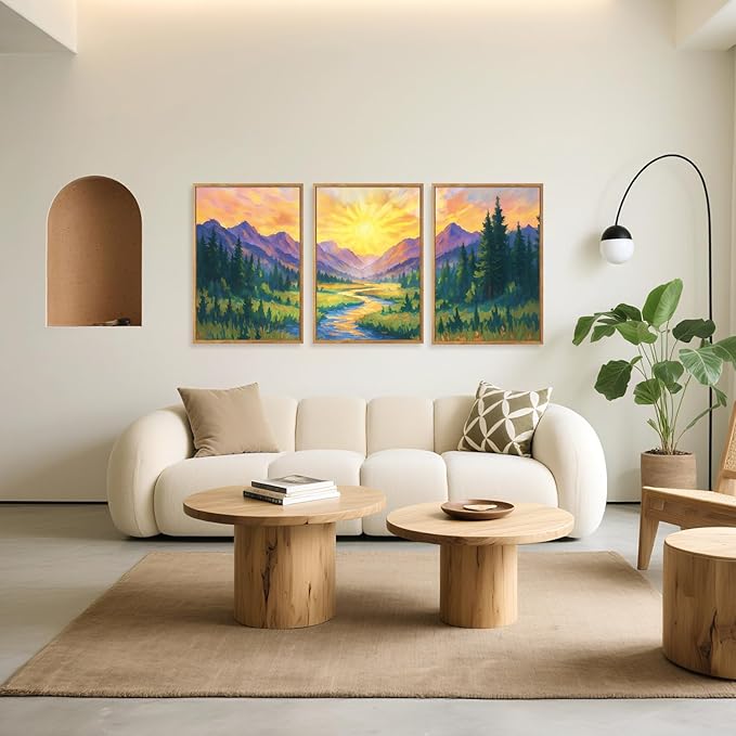 HPNIUB Vintage Mountain Framed Canvas Wall Art Set, Boho Sunrise Art Prints, Forest Nature Wilderness Art Paintings, Modern Farmhouse Pine Tree Wall Decor for Living Room Bedroom, Office- 16"x24"x3