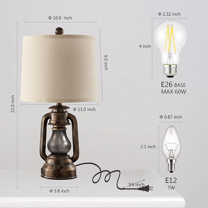 RORIANO Farmhouse Lantern Table Lamps for Living Room Set of 2, Vintage Bedroom Resin Lamp with Dual USB Charging Ports, Rustic Retro Bedside Nightstand Desk Lamp, 4 Bulb Included