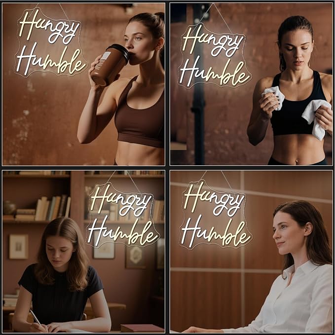 WLHOPE Hungry Humble Neon Sign Dimmable Led Signs for gym Wall Decor, Neon Lights USB Powered Transparent Acrylic Board Sign for office classroom bedroom Decoration14.17 * 12.6 inch