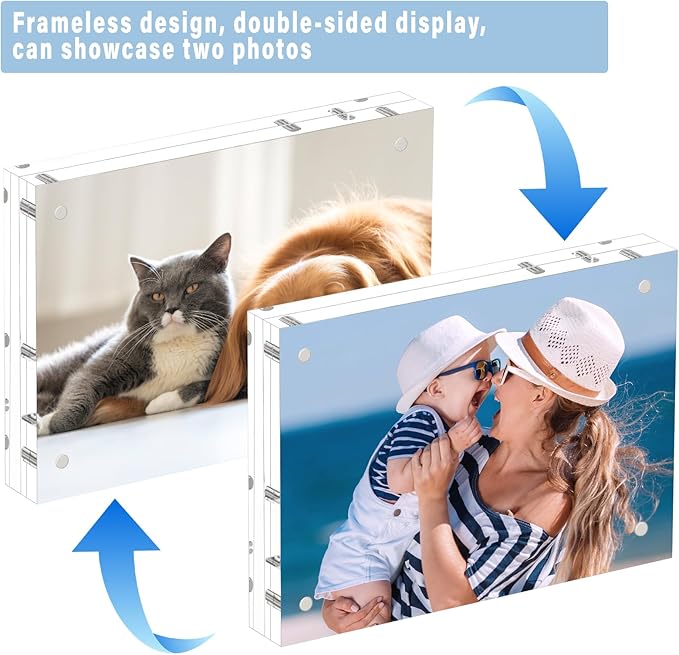 HELPLEX Acrylic Frame, 3 Pack 3.5x5 Acrylic Picture Frames, 20mm Thicker Frameless Clear Frame Double Sided Magnetic Frame, Free Standing Desktop Display Stand Acrylic Frames, 3.5x5(3 PACK)