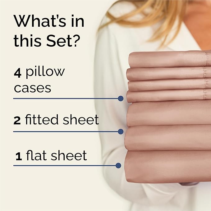 Split King Sheets Set 7 Piece - Includes 4 Pillowcases - Bed Sheets Split King - Soft Hotel Luxury Bedding - Cooling, Comfy & Breathable - 1 Flat & 2 Fitted & 4 Pillowcases w/ Deep Pockets - Mauve