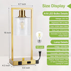 16" Set of 2 Gold Industrial Table Lamps with USB A+C Charging Ports and AC Outlet, Fully Stepless Dimmable Bedside Lamps with Seeded Glass Shade for Bedroom Living Room Office, LED Bulbs Included