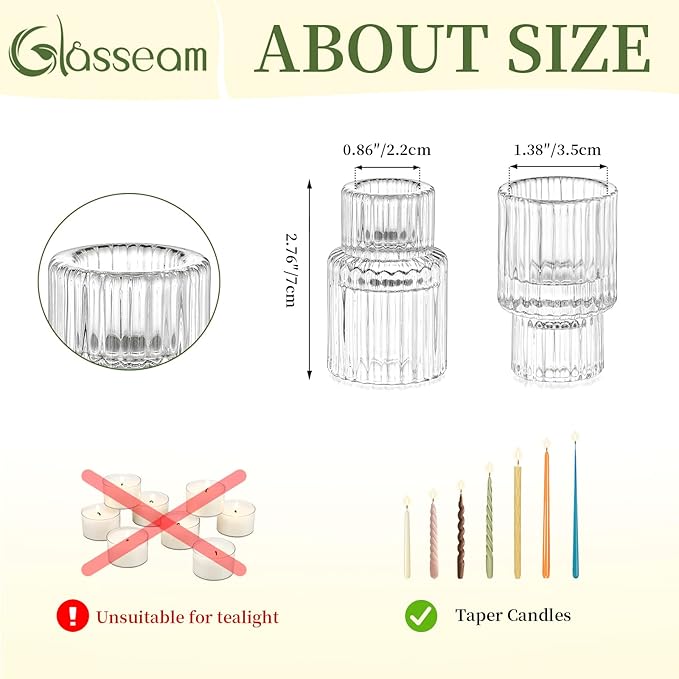 Glass Candlestick Taper Candle Holder: Glasseam Set of 2 Small Candle Holders for Candlesticks, Modern Crystal Clear Tapered Candle Stick Holder for Wedding Dining Table Centerpiece Christmas Decor