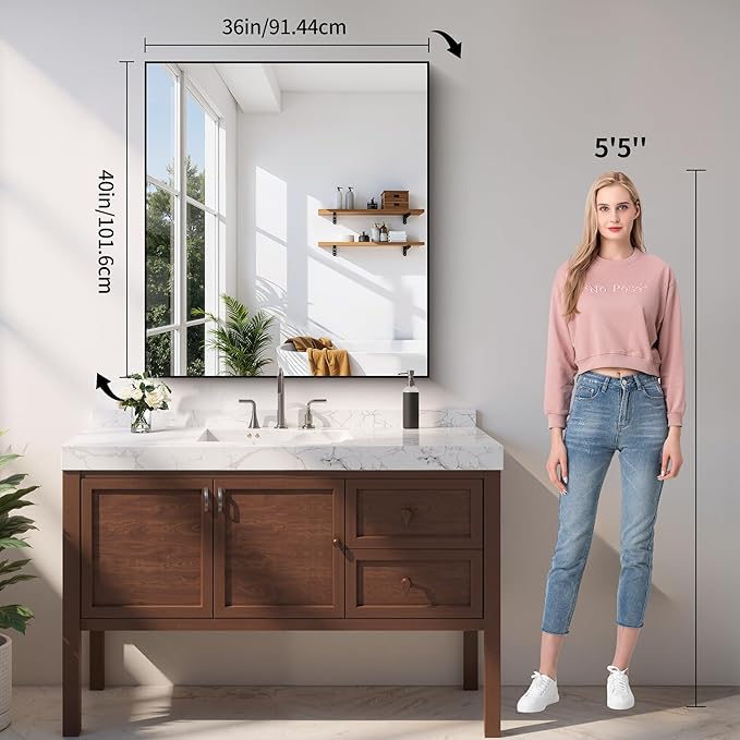 YIROMAN Bathroom Mirror 36"x40", Large Brushed Gold Bathroom Mirror for Over Sink with Aluminum Frame, Rectangular Vanity Mirror with Right Angle, Wall Mirror Hangs Horizontal or Vertical