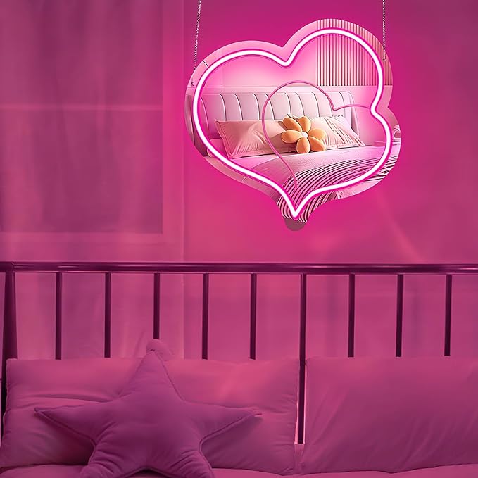 Pink Heart Acrylic Mirror Neon Signs,Dimmable Heart Shaped Mirror with Neon LED Lights,USB Powered Neon Sign Wall Decor Art Neon Light For bedroom,Family,Wedding,Bar,Party Decor