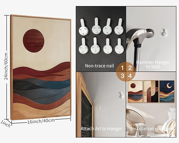 SIGNINART Boho Mid Century Modern Framed Canvas Wall Art, Bohemian Geometric Wall Decor, Abstract Sun and Moon Artwork,Beige and Black Wooden Art Paintings for Living Room Bedroom Office 16"x24"x3