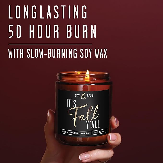 Fall Candles - 'It's Fall Yall' Fall Candle w/Apple Cinnamon & Nutmeg I Infused with Essential Oils I Autumn Fall Scented Candles I Cozy Cute Fall Décor Fall Gifts I 9oz Jar I 50Hr Burn I Made in USA