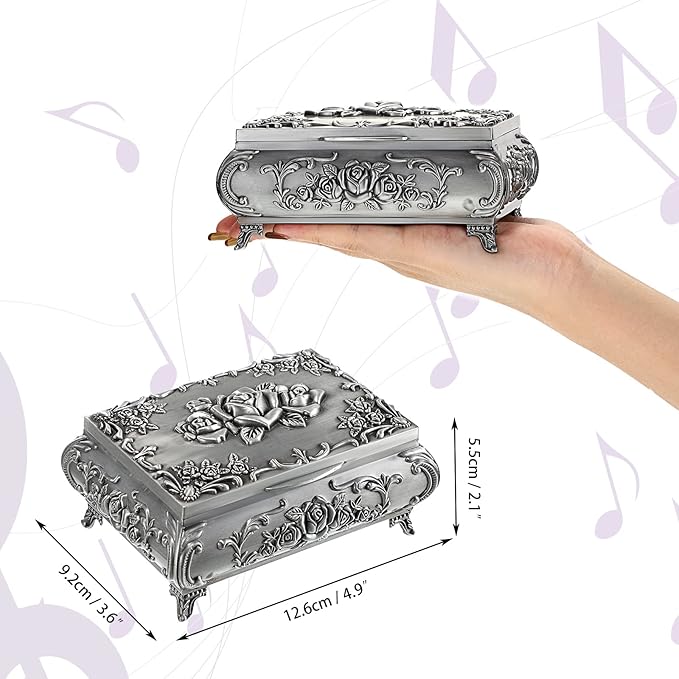 ELLDOO Vintage Music Box, Silver Metal Musical Jewelry Box Keepsake Box, Small Trinket Jewelry Storage Box Gift for Girl Women (Tune: You are My Sunshine)