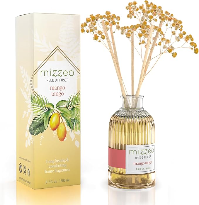 MIZZEO Reed Diffuser Set, Mango Tango 6.76 fl oz Highly Scented Room Diffuser Home Fragrance Essential Oil Reed Flower Diffuser, House Bedroom Office Decor & Gifts