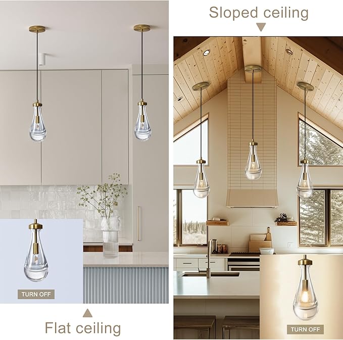 Raindrop Pendant Light Fixtures Set of 3, Brass Glass Pendant Lighting, Teardrops Pendant Lights Kitchen Island, Indoor Pendant Light for Kitchen Island Bedroom Bathroom, Included Bulb