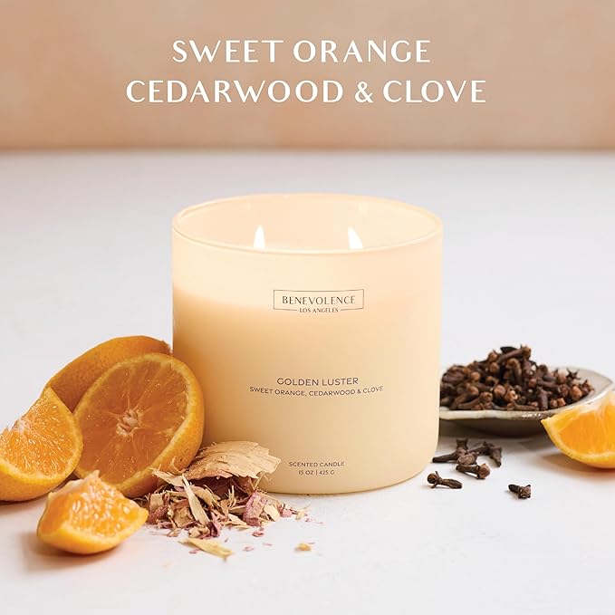 Orange, Cedarwood & Clove – Benevolence LA Large 3-Wick Fall Scented Candle for Home | 15oz, 50-Hour Burn | Soy Wax, Cotton Wicks | Warm & Inviting Autumn Fragrance | Malibu Sands Collection