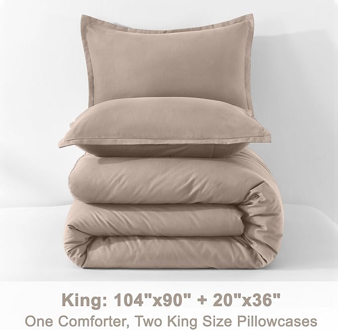 Litanika Light Coffee Comforter King Size, 3 Pieces Lightweight Solid Bedding Comforter Set, All Season Fluffy Bed Set (104x90In Comforter & 2 Pillowcases)