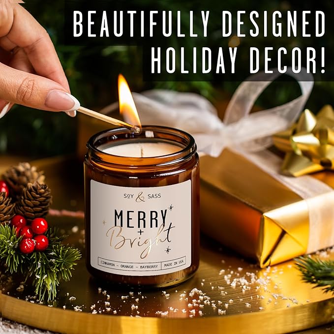 Christmas Candles Scented – ‘Merry & Bright’ Soy Christmas Candle, w/Cranberries, Cinnamon & Orange - Infused with Essential Oils I Holiday Candles I 9oz, 50Hr, Made in USA