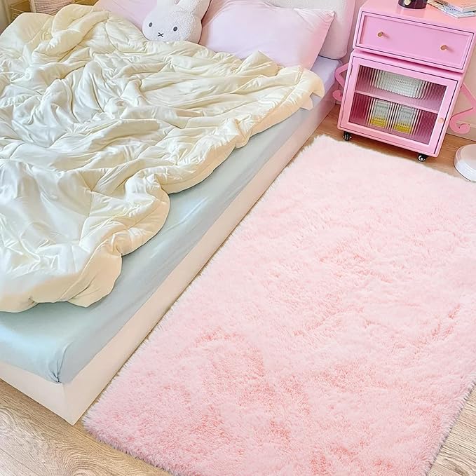 Pink Fluffy Rugs for Bedroom Girls: Area Rug 5x7 Pink Fuzzy Rug for Kids Room - Furry Rug Bedroom Decor
